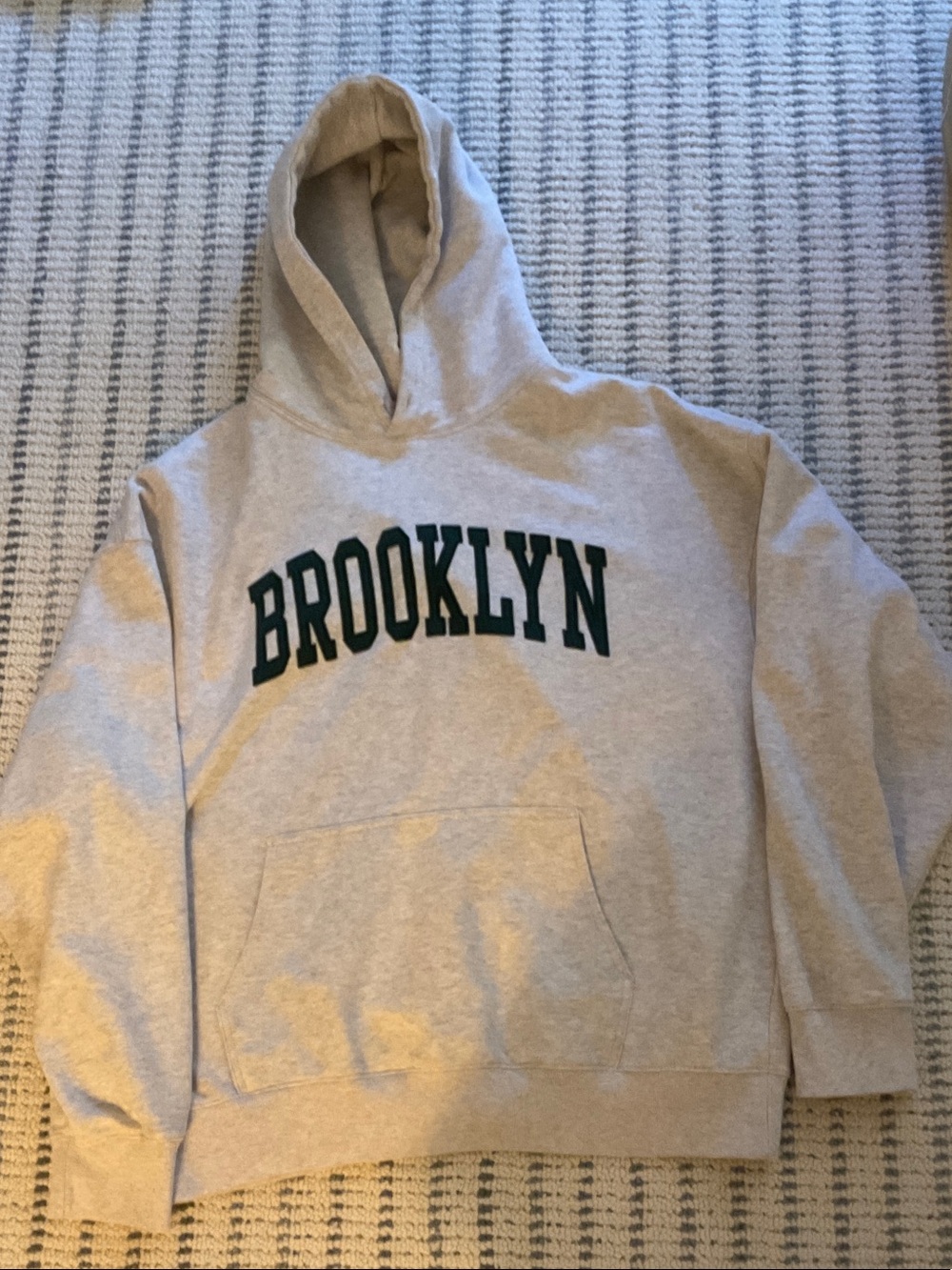 Brandy Melville Light Gray Hoodie with Dark Green "Brooklyn" Graphic